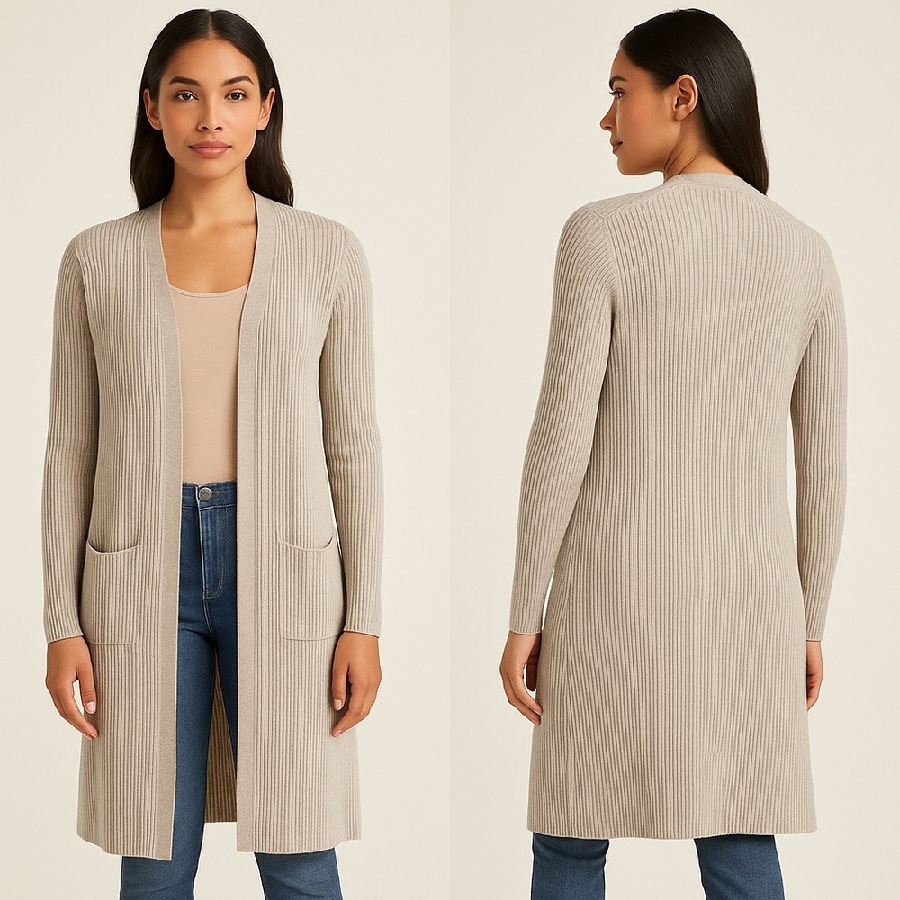 Women's Beige Ribbed Longline Cardigan‎ Open Front Pockets